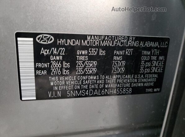 5NMS4DAL6NH455858 2022 HYUNDAI SANTA Silver Vista interior de 360 grados
