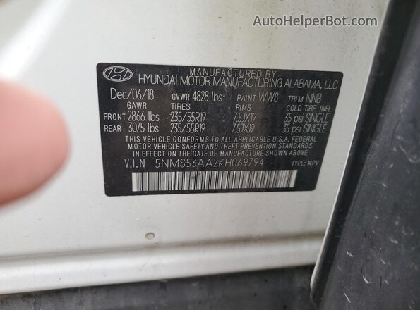 5NMS53AA2KH069794 2019 HYUNDAI SANTA Белый Вид наклейки с VIN-кодом