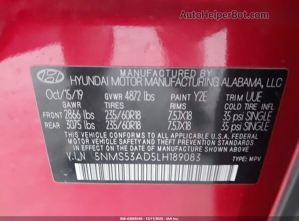 5NMS53AD5LH189083 2020 HYUNDAI SANTA FE Red ძრავის განყოფილების ხედი