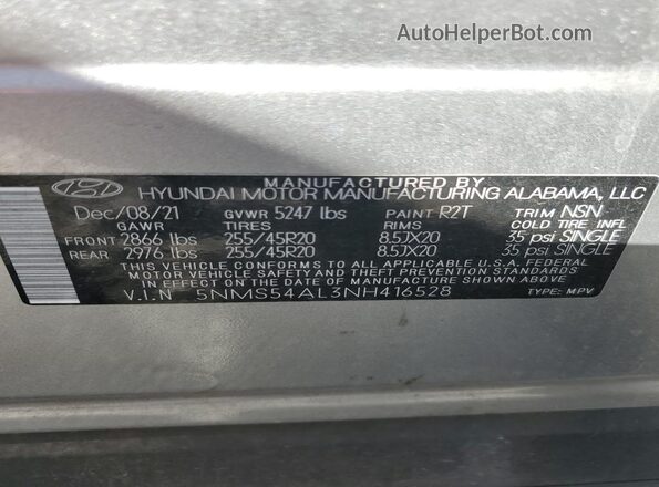 5NMS54AL3NH416528 2022 HYUNDAI SANTA FE CALLIGRAPHY Silver Vista de la etiqueta del VIN