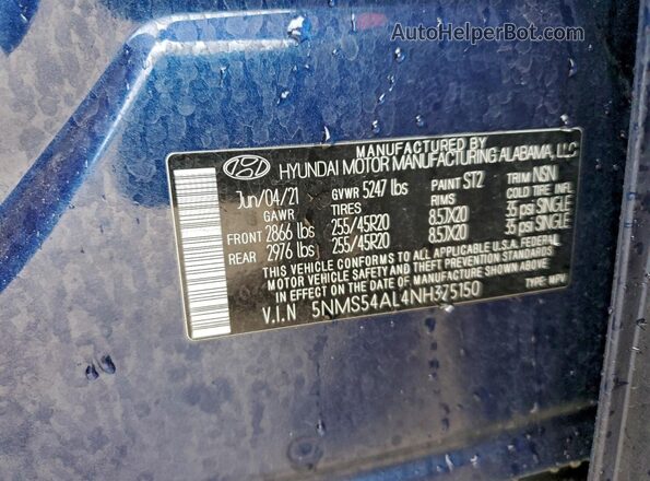 5NMS54AL4NH375150 2022 HYUNDAI SANTA FE CALLIGRAPHY Blue Vista de la etiqueta del VIN