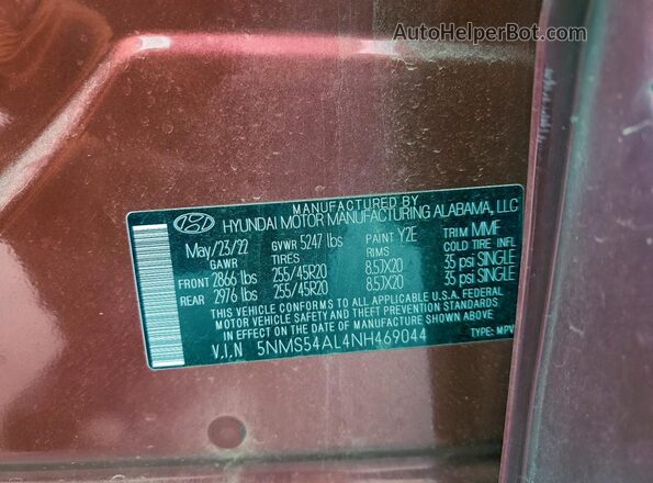 5NMS54AL4NH469044 2022 HYUNDAI SANTA FE CALLIGRAPHY Red 