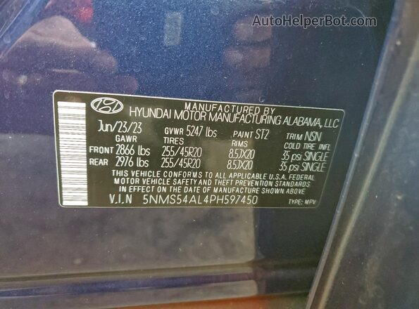 5NMS54AL4PH597450 2023 HYUNDAI SANTA FE CALLIGRAPHY Blue VIN sticker view