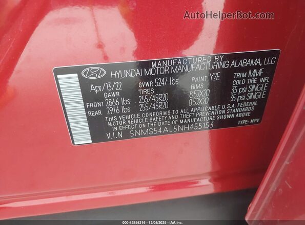 5NMS54AL5NH455153 2022 HYUNDAI SANTA FE CALLIGRAPHY Красный Вид подкапотного пространства