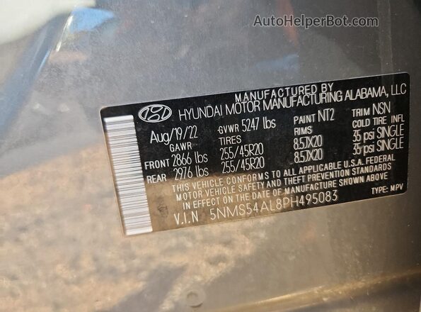 5NMS54AL8PH495083 2023 HYUNDAI SANTA FE CALLIGRAPHY Gray Vista de la etiqueta del VIN