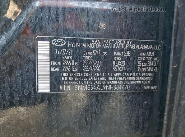 5NMS54AL9NH384670 2022 HYUNDAI SANTA FE CALLIGRAPHY Black VIN sticker view