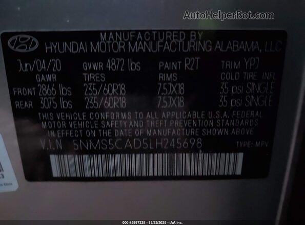5NMS5CAD5LH245698 2020 HYUNDAI SANTA FE Silver Вид підкапотного простору
