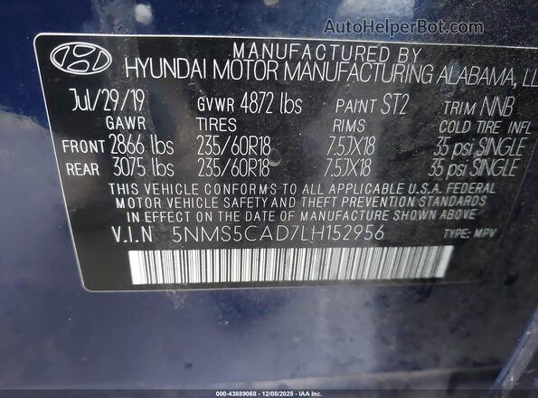 5NMS5CAD7LH152956 2020 HYUNDAI SANTA FE Dark Blue Vista del compartimento del motor