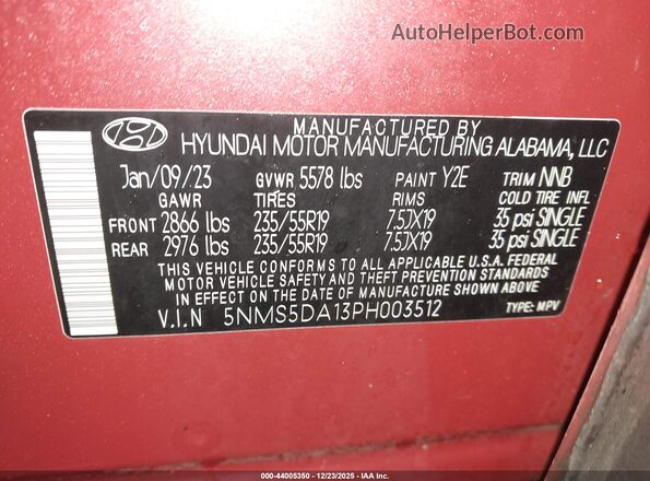 5NMS5DA13PH003512 2023 HYUNDAI SANTA FE HYBRID Red Вид підкапотного простору