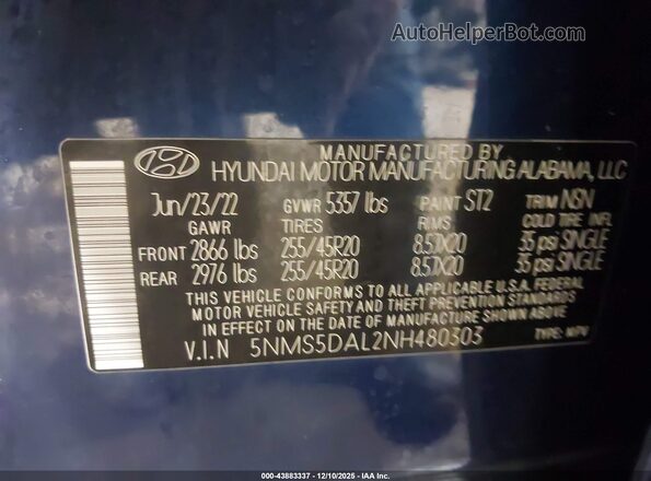 5NMS5DAL2NH480303 2022 HYUNDAI SANTA FE CALLIGRAPHY Blue Engine compartment view