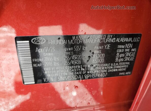 5NMS5DAL9PH574407 2023 HYUNDAI SANTA FE CALLIGRAPHY Red Vista de la etiqueta del VIN