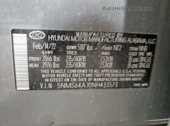 5NMS64AJ0NH433573 2022 HYUNDAI SANTA Gray Widok komory silnika