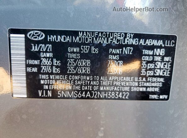 5NMS64AJ2NH383422 2022 HYUNDAI SANTA Gray Панорамний вид салону 360°