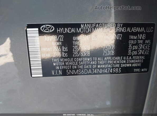 5NMS6DAJ4NH474983 2022 HYUNDAI SANTA FE Gray Widok komory silnika