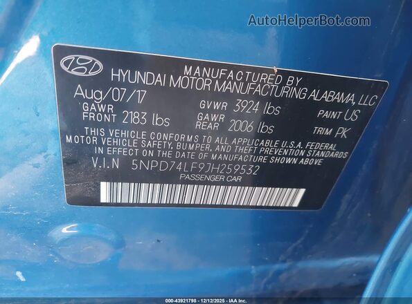 5NPD74LF9JH259532 2018 HYUNDAI ELANTRA Blue Engine compartment view