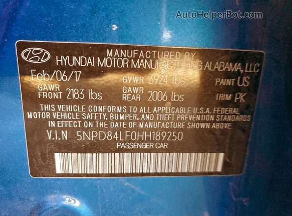 5NPD84LF0HH189250 2017 HYUNDAI ELANTRA Blue Շարժիչի բաժամունքի տեսք