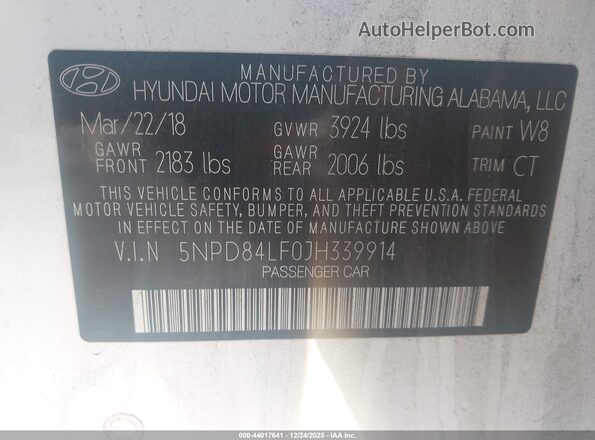 5NPD84LF0JH339914 2018 HYUNDAI ELANTRA White Vista del compartimento del motor