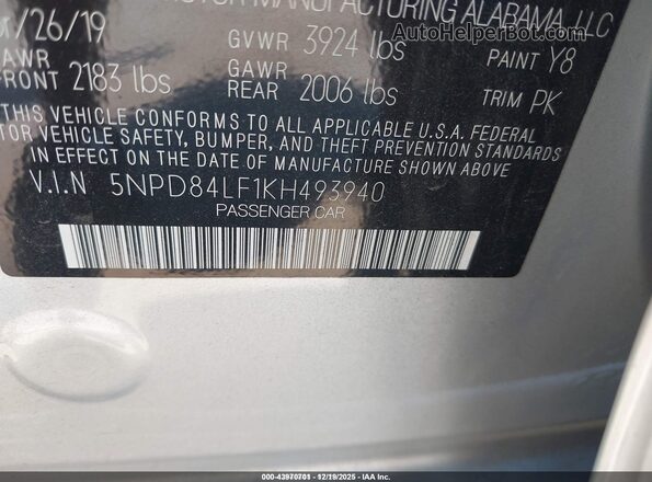 5NPD84LF1KH493940 2019 HYUNDAI ELANTRA Silver 