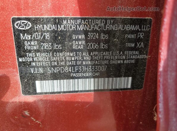5NPD84LF3JH333007 2018 HYUNDAI ELANTRA Red Вид наклейки з VIN-кодом
