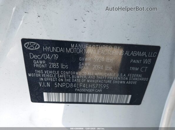 5NPD84LF4LH571595 2020 HYUNDAI ELANTRA White Շարժիչի բաժամունքի տեսք