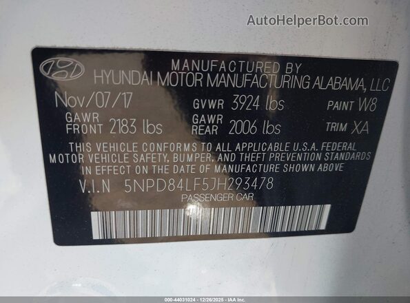 5NPD84LF5JH293478 2018 HYUNDAI ELANTRA White 