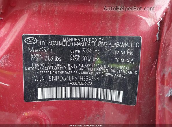 5NPD84LF6JH234794 2018 HYUNDAI ELANTRA Red 