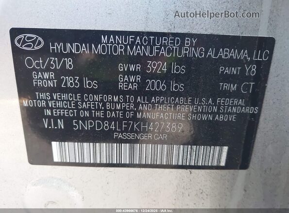 5NPD84LF7KH427389 2019 HYUNDAI ELANTRA Silver Widok komory silnika