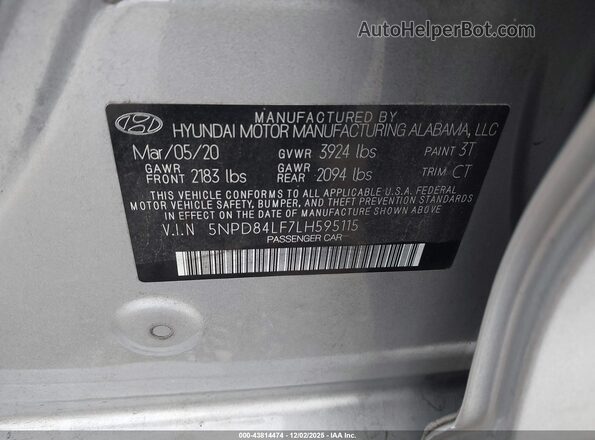 5NPD84LF7LH595115 2020 HYUNDAI ELANTRA Silver Շարժիչի բաժամունքի տեսք