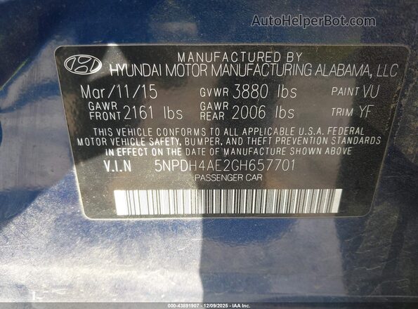 5NPDH4AE2GH657701 2016 HYUNDAI ELANTRA Dark Blue 