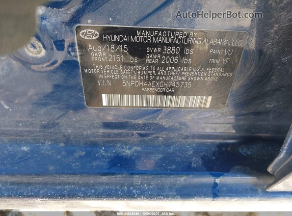 5NPDH4AEXGH745735 2016 HYUNDAI ELANTRA Blue Engine compartment view