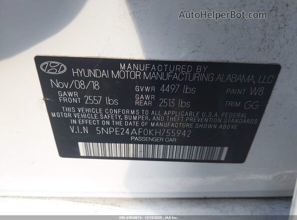 5NPE24AF0KH755942 2019 HYUNDAI SONATA White Вид підкапотного простору
