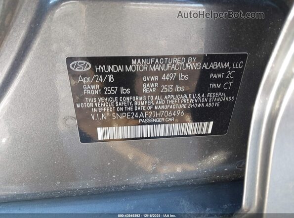 5NPE24AF2JH706496 2018 HYUNDAI SONATA Gray 