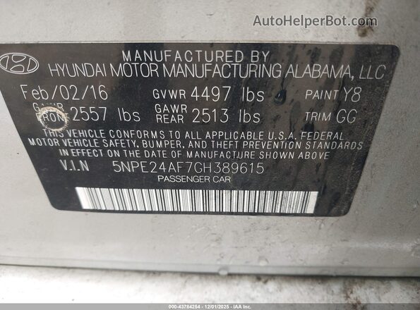 5NPE24AF7GH389615 2016 HYUNDAI SONATA Silver Շարժիչի բաժամունքի տեսք