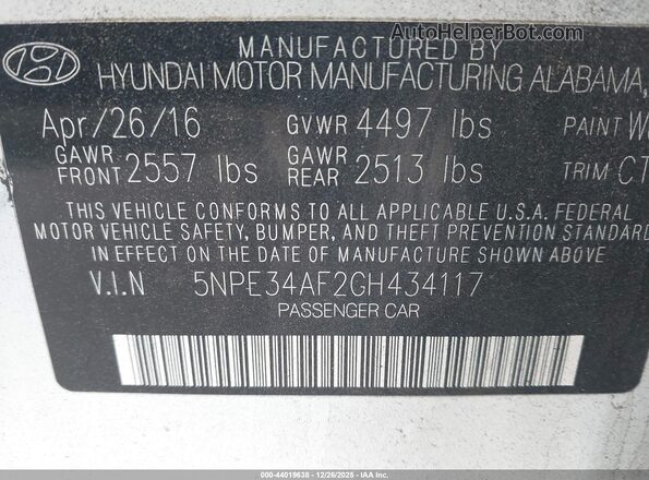 5NPE34AF2GH434117 2016 HYUNDAI SONATA White ძრავის განყოფილების ხედი
