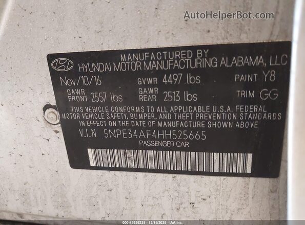 5NPE34AF4HH525665 2017 HYUNDAI SONATA Серебряный Вид подкапотного пространства
