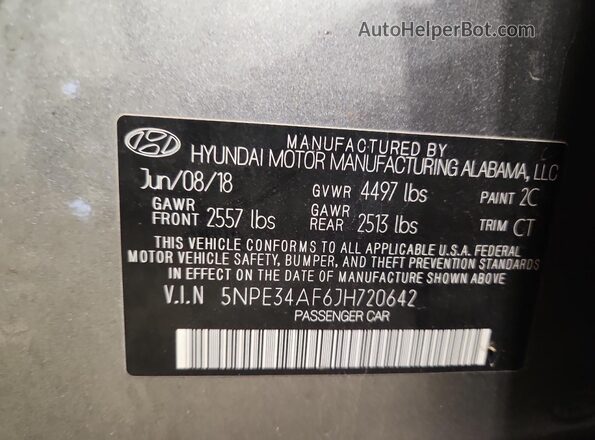 5NPE34AF6JH720642 2018 HYUNDAI SONATA Серый 