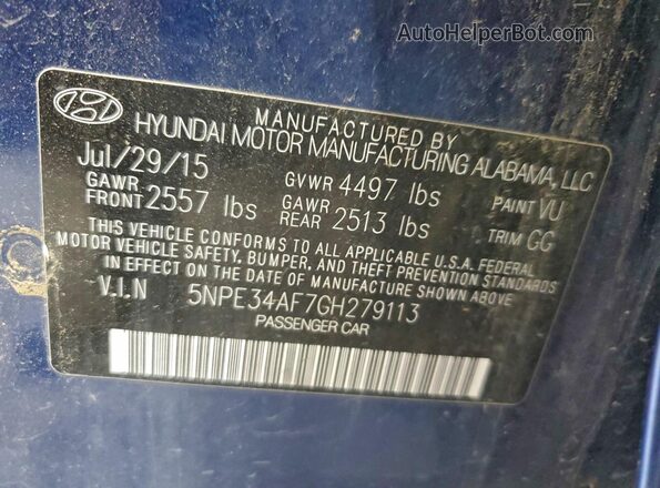 5NPE34AF7GH279113 2016 HYUNDAI SONATA Blue Vista del compartimento del motor