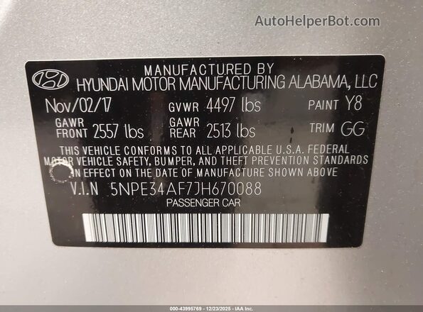 5NPE34AF7JH670088 2018 HYUNDAI SONATA Silver Вид підкапотного простору