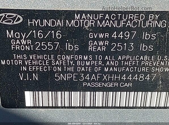 5NPE34AFXHH444847 2017 HYUNDAI SONATA Silver ძრავის განყოფილების ხედი
