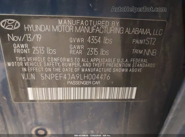 5NPEF4JA9LH004476 2020 HYUNDAI SONATA Blue Вид підкапотного простору