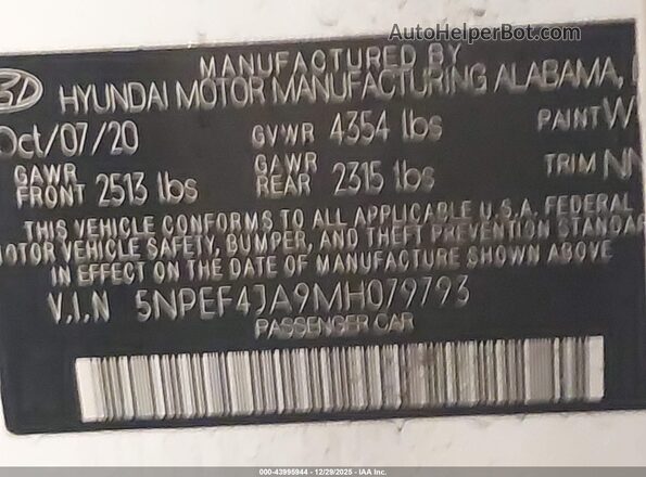 5NPEF4JA9MH079793 2021 HYUNDAI SONATA White Widok komory silnika