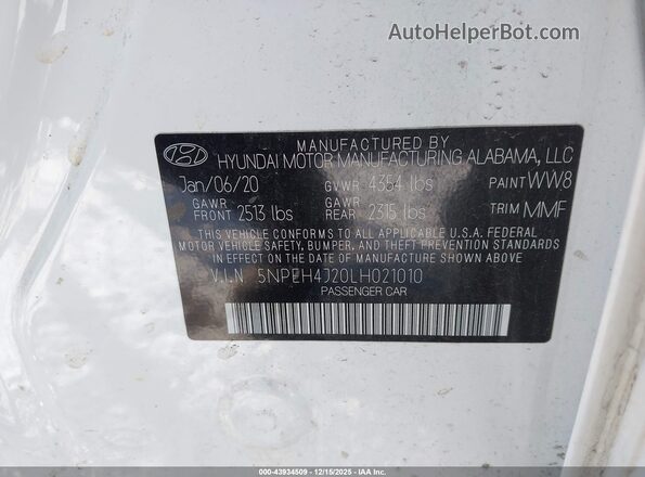 5NPEH4J20LH021010 2020 HYUNDAI SONATA White ძრავის განყოფილების ხედი