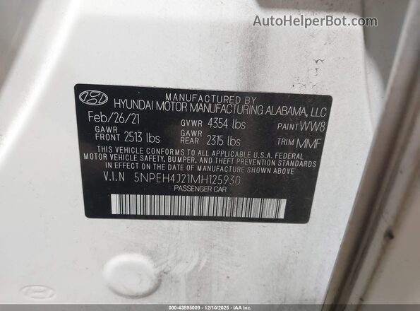5NPEH4J21MH125930 2021 HYUNDAI SONATA White 