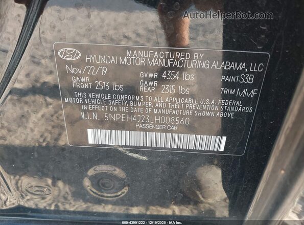 5NPEH4J23LH008560 2020 HYUNDAI SONATA Black 