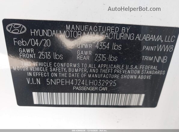 5NPEH4J24LH032995 2020 HYUNDAI SONATA White Vista del compartimento del motor
