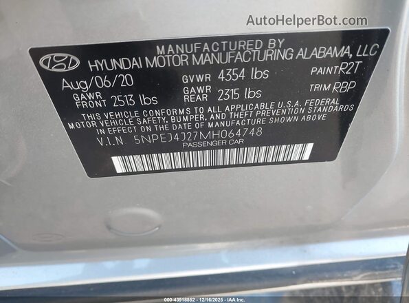 5NPEJ4J27MH064748 2021 HYUNDAI SONATA Gray Вид підкапотного простору