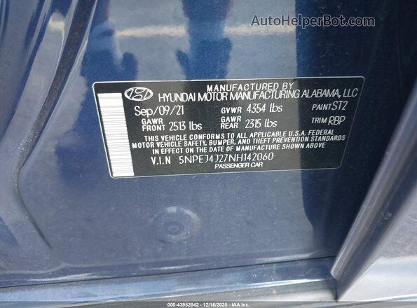 5NPEJ4J27NH142060 2022 HYUNDAI SONATA Blue Շարժիչի բաժամունքի տեսք