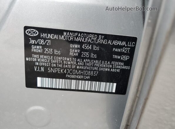 5NPEK4JC0MH108837 2021 HYUNDAI SONATA Gray VIN կոդի պիտակի տեսք
