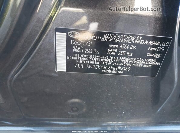 5NPEK4JC6NH148163 2022 HYUNDAI SONATA Gray 