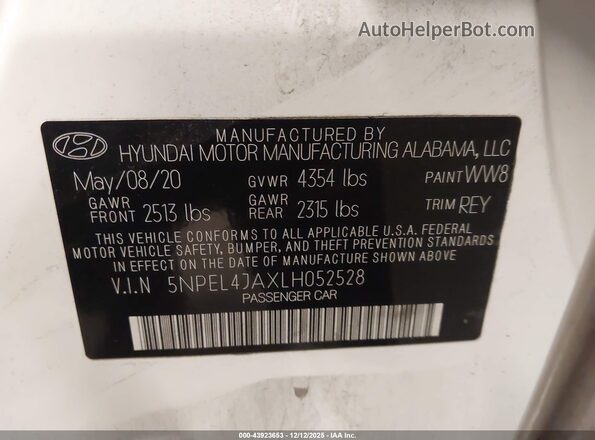 5NPEL4JAXLH052528 2020 HYUNDAI SONATA White Widok komory silnika